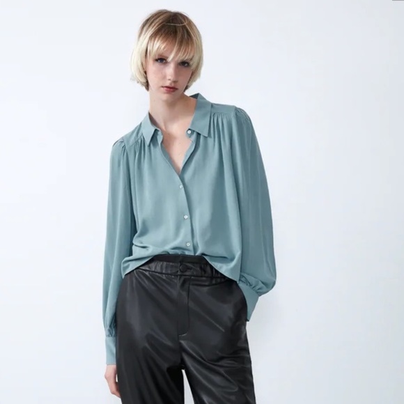 Zara Tops - Zara Turquoise Blue Button Down Blouse Shirt